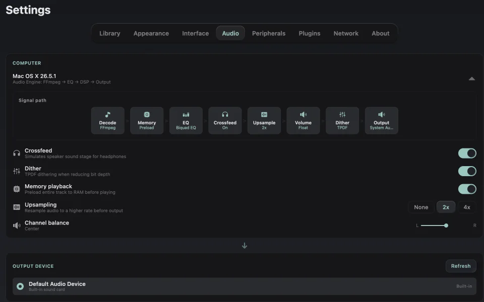 Audeeport signal path and audio processing settings