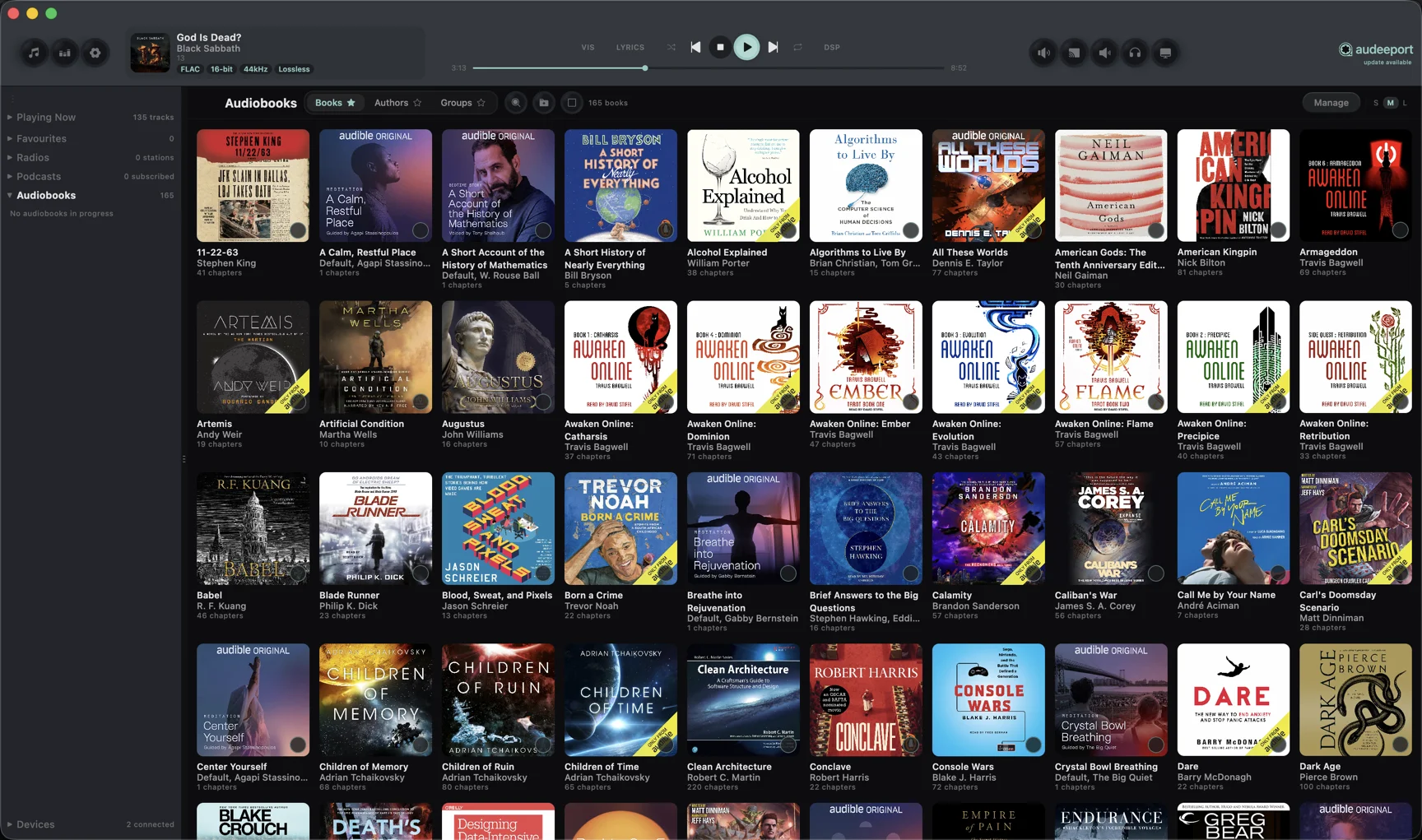 Audiobooks library grid with cover art