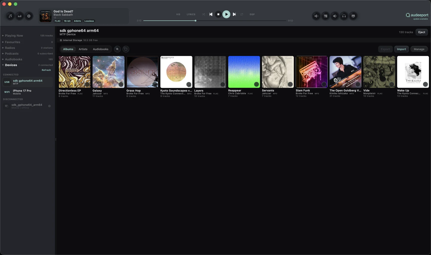 Connected device browser showing on-device albums