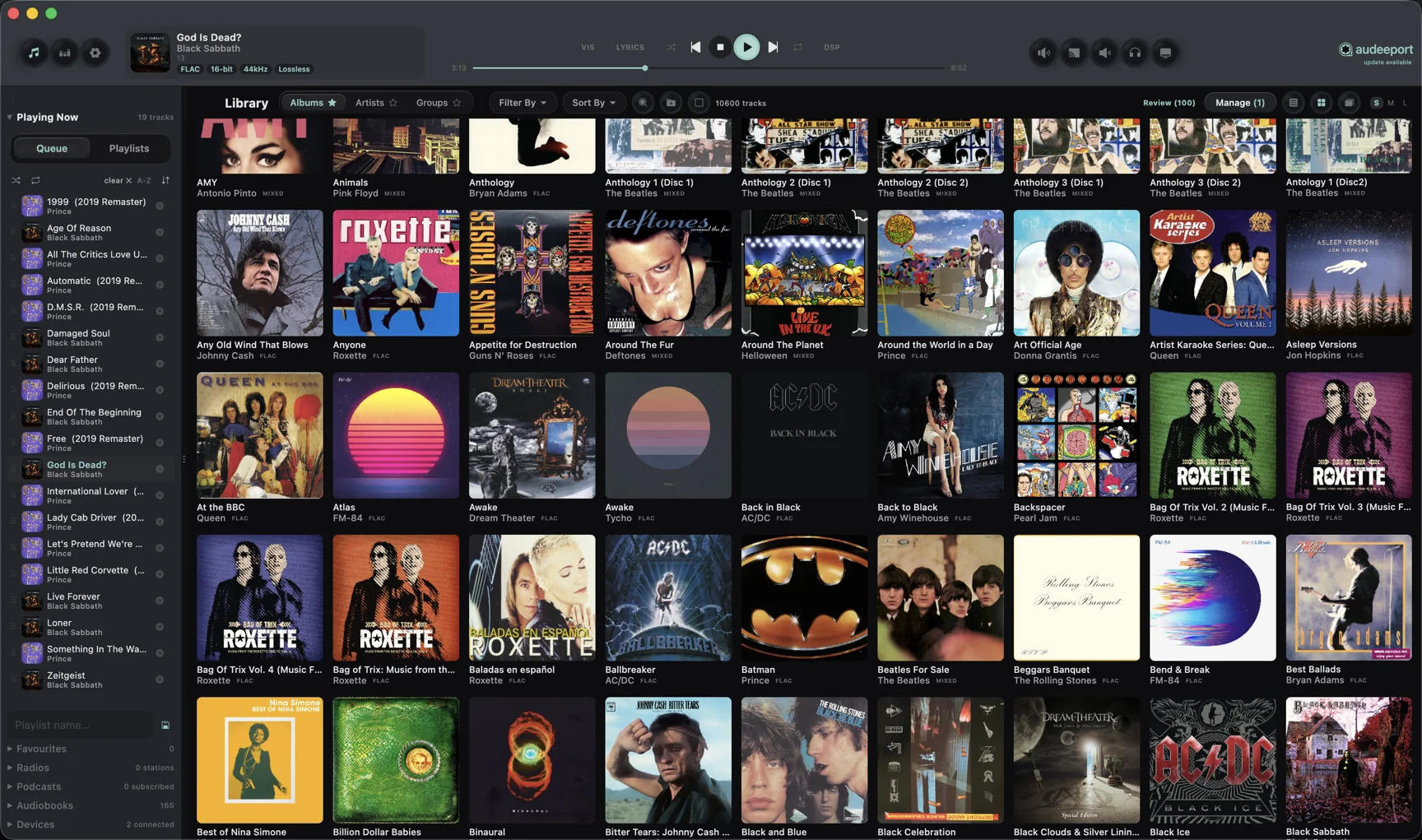 The Audeeport desktop with the album grid and a full queue