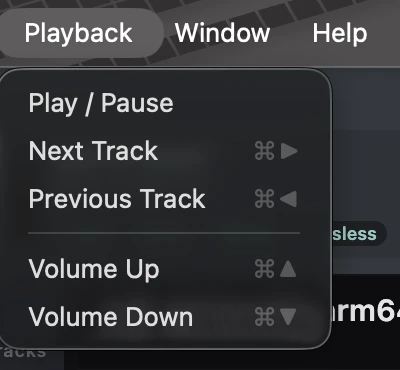macOS Playback menu with shortcuts