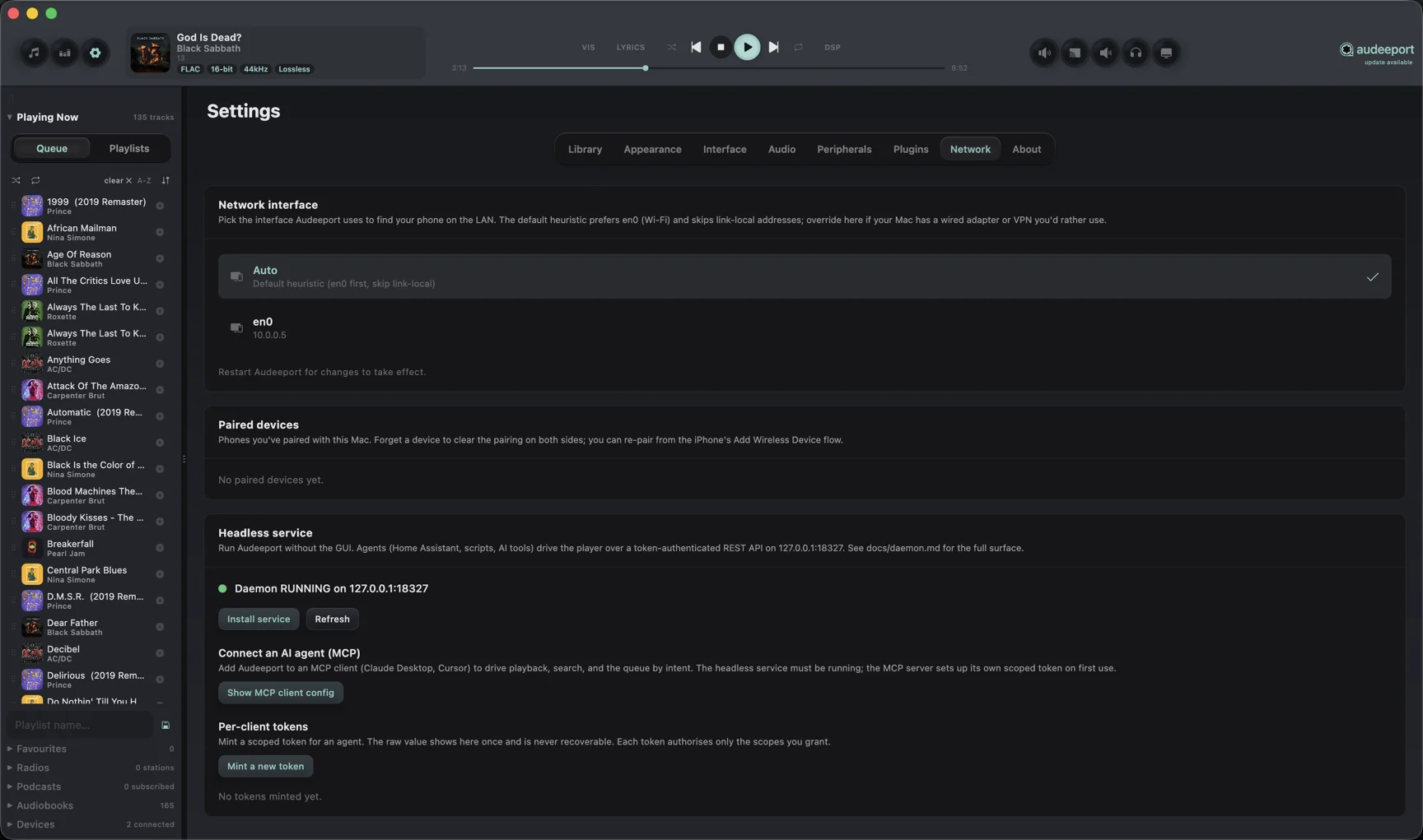 Settings Network tab with the Headless service card and MCP setup