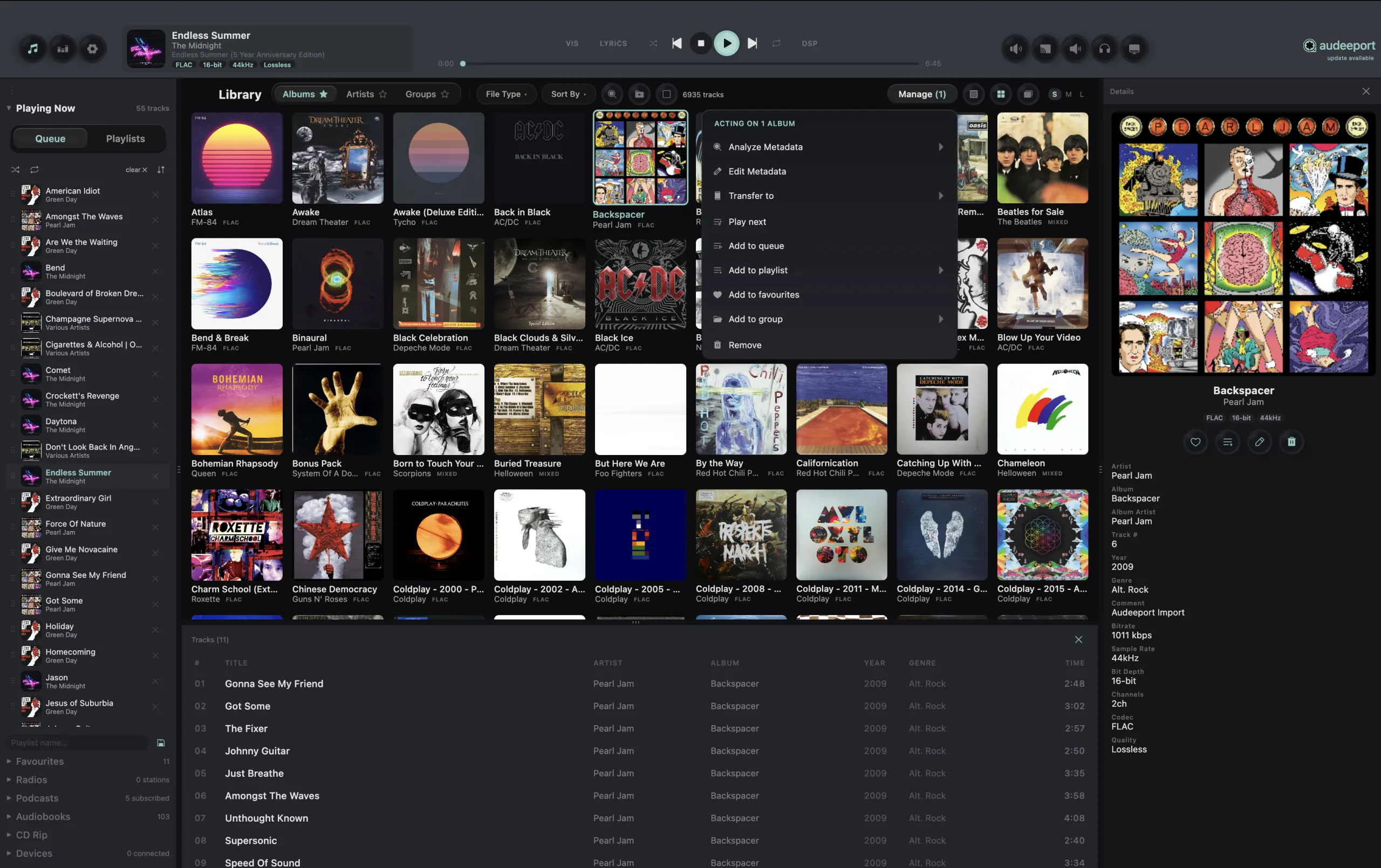 Audeeport desktop. Library browser with album grid, playlist sidebar, and metadata detail panel.